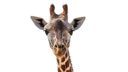 Close-up portrait of a giraffe head with patterned fur, isolated on transparent background © Denis