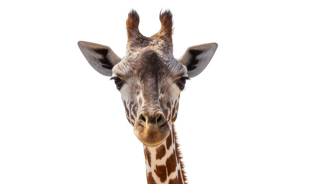 Close-up portrait of a giraffe head with patterned fur, isolated on transparent background