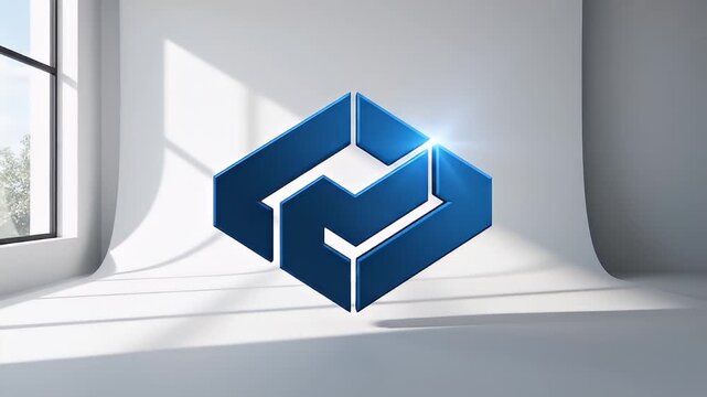 Minimalist presentation of floating blue geometric shapes in a bright studio setup casting soft shadows on a white seamless backdrop