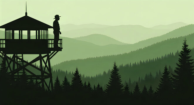 Forest ranger silhouette standing on a wooden fire lookout tower in the mountains.