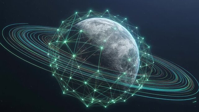 Global digital network connection concept over planet earth in deep space with light rings animation