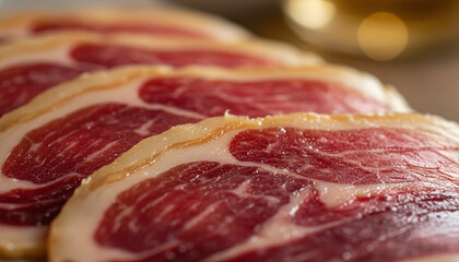 Obraz premium Sliced Jamon Iberico de Bellota meat texture with sweating golden fat