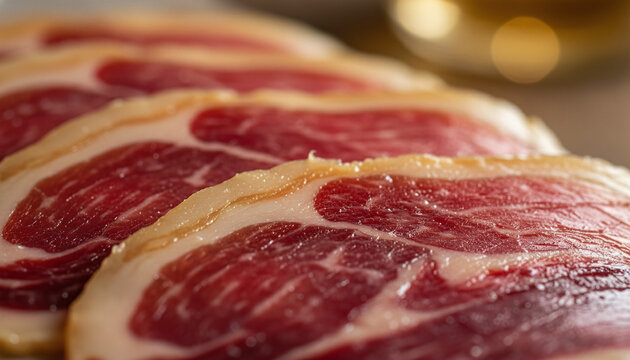 Sliced Jamon Iberico de Bellota meat texture with sweating golden fat