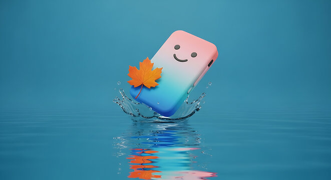 A cute, smiling smartphone case with a gradient of pink and blue splashes into water, adorned with an autumn leaf, suggesting technology and seasonal change