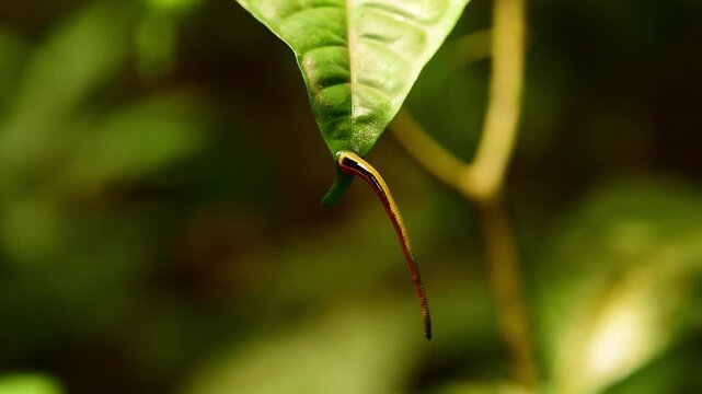 Close up view of a Tiger Leech hanging from a leaf swaying in the wind. Sabah, Borneo