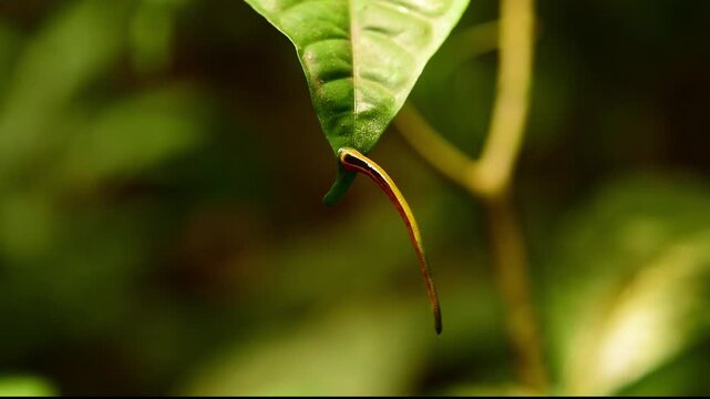 Close up view of a Tiger Leech searching for a host in the rainforest. Sabah, Borneo