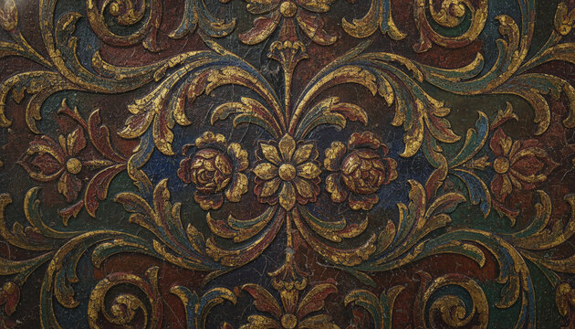 Antique Cuir de Cordoue gilded leather texture with embossed floral pattern