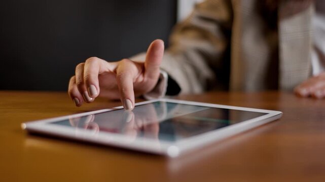 Close up hand scrolling on tablet screen on desk surface