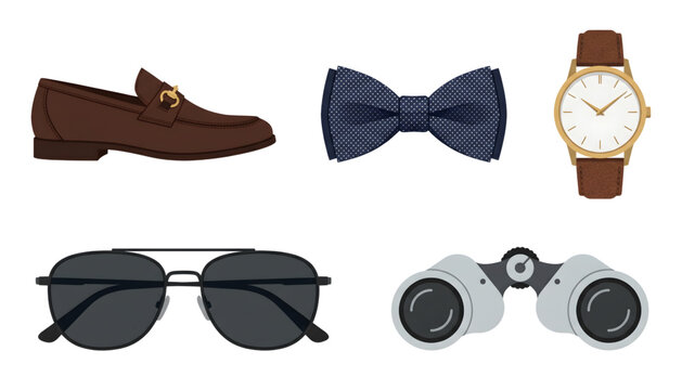 flat vector set of men's formal accessories including wristwatch, bow tie, sunglasses, leather loafers, and binoculars on transparent background