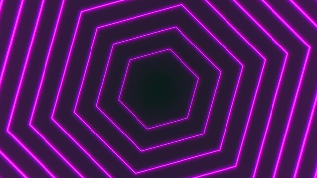 Abstract neon hexagon tunnel with glowing purple and pink lines on dark background, futuristic geometric motion for tech intros, music visuals, and transitions