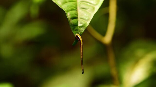 Close up view of a Tiger Leech hanging down in a leaf. Sabah, Borneo Forest