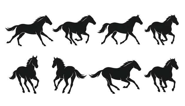 vector silhouettes of racing horses in different galloping poses with transparent background