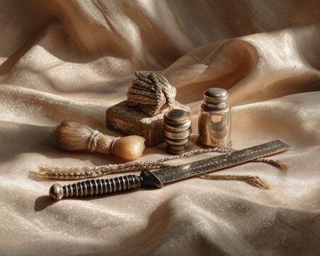 A still life of the five articles of faith (Kakars): Kesh (hair in a small knot), Kara, Kirpan, Kachera, and Kangha, artistically arranged on a silk cloth, clean studio lighting