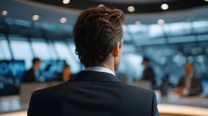 Fototapeta premium A contemplative businessman in a dark suit overlooks a modern high tech corporate meeting environment suggesting deep professional thought and