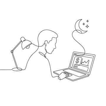 Online banking and financial analysis. Night work concept. Continuous line art vector illustration