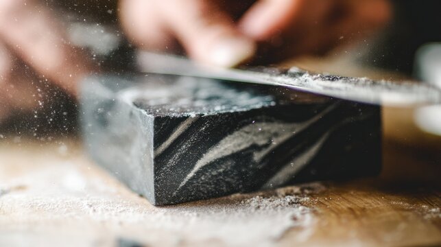 Close up of a hand cutting a black block with white patterns