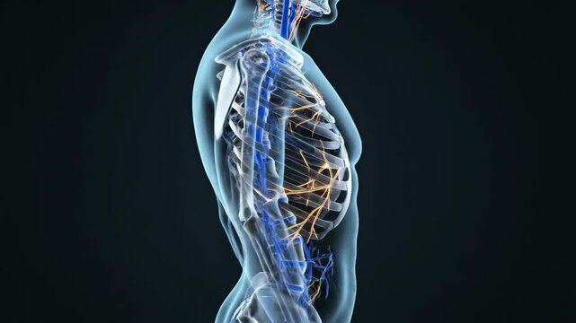 Detailed 3D animation of human anatomy. Visualizes the skeletal system, veins, and nerves rotating for study.