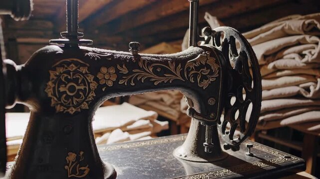 Old Decorative Fabric Sewing Machine. Elderly Fabric Sewing Machine Adorned With Floral Patterns In Attic Space. Aged Sewing Device Featuring Ornate Floral Design In Dusty Attic Environment