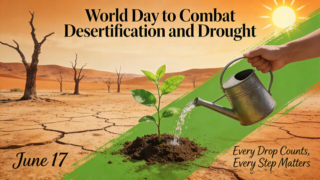 Desert withered trees and watering tender shoots, prevention and control of desertification and drought, daily transmission of water-saving and green protection, suitable for environmental public 