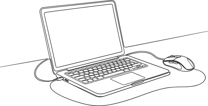 Laptop with external mouse on desk workspace computer technology office equipment line art vector illustration