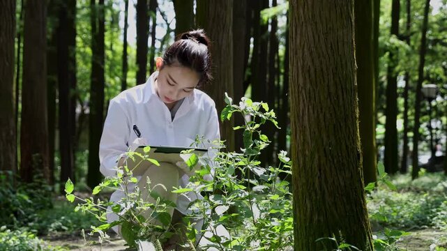 Young girl biologist ecologist environmentalist expert using a magnifying glass to look at plants with pest leaves while exploring the rainforest to collect data and samples for research