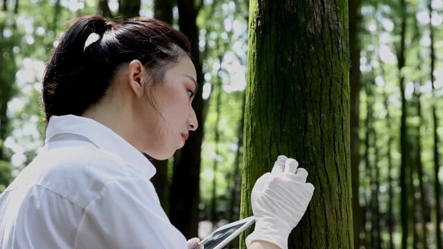 Young girl biologist ecologist expert walk collect data using a magnifying glass to look at different types of mushrooms, green moss while exploring the rainforest to collect data samples for research