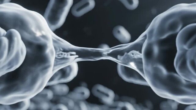 Detailed 3D animation showcasing a single cell dividing into two, illustrating the fundamental biological process of mitosis.