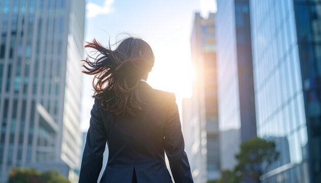 都市のビル群を背景に強い陽光を浴びながら前へ進む風でなびく黒髪のスーツ女性の後ろ姿