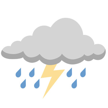 Grey cloud with rain drops and lightning bolt, stormy weather icon, vector.