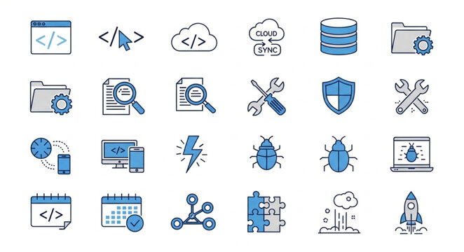 Collection of modern flat icons representing software development and technology concepts.