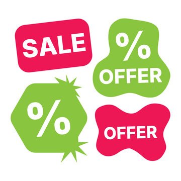 Colorful sale and offer labels with percentage signs displayed