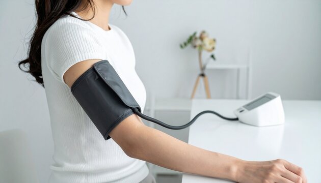 白い清潔な室内で上腕に血圧計のカフを巻いて血圧測定中の女性の横姿クローズアップ
