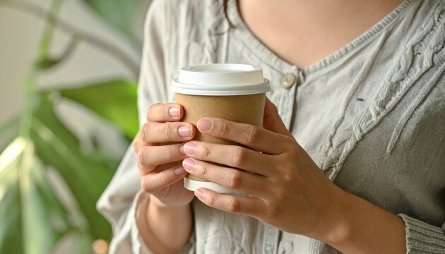 グレーのニット姿の女性が植物を背景に紙製コーヒーカップを両手で温かく包み持つ手元クローズアップ