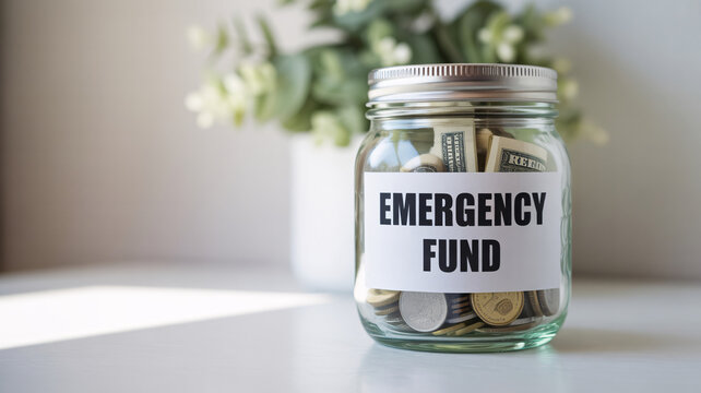 A glass jar labeled emergency fund sitting on a white table with coins and bills inside