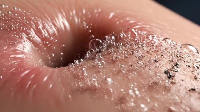 Detailed animation of a pore being cleansed, with dirt and impurities removed by effervescent bubbles, leaving skin smooth and healed.