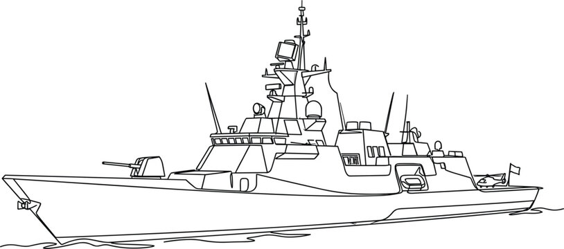 Modern naval warship line art illustration, military defense vessel sailing on sea with detailed structure for maritime security concept