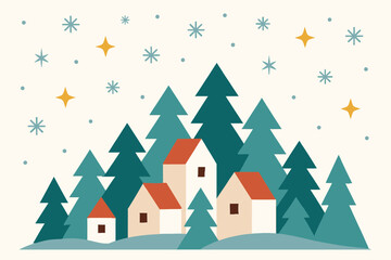 Obraz premium winter greeting card, holiday card, seasonal greeting, winter forest, snow trees, snowflakes, winter landscape, holiday design, festive greeting, seasonal illustration, christmas season, winter celebr