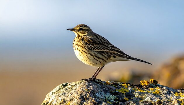 Small Meadow Pipit Bird With Streaked Feathers Perched On A Lichen Covered Rock During Golden Hour In A Natural Moorland Habitat