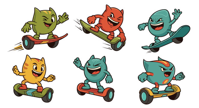 Cartoon characters skateboarding on hoverboards isolated on white