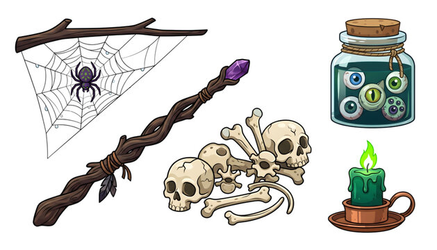 magic witchcraft elements set with skull spider web potion jar and candle on transparent background
