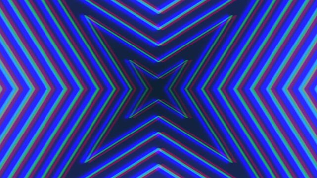 Colorful neon star-shaped tunnel animation with chromatic aberration and glitch effect, geometric symmetry and vibrant light streaks for tech intros and VJ visuals