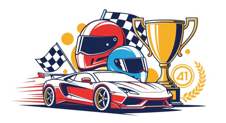 Racing car with trophy and checkered flags symbolizing victory. © Cirayut