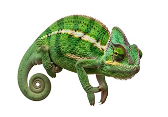 Naklejka premium Detailed green chameleon with striped patterns and coiled tail on clean background