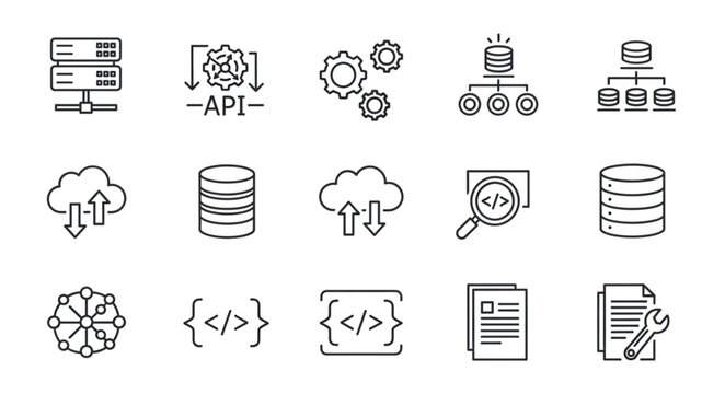 Set of icons representing database and cloud computing technology.