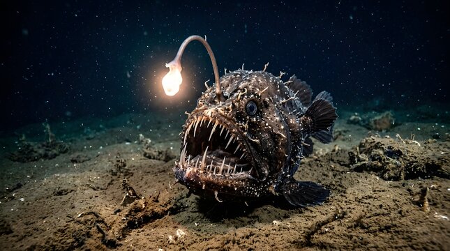 Deep sea anglerfish with bioluminescent lure in dark ocean depths