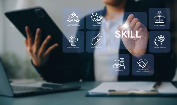 Future Skills Concept. Interfacing future skills such as critical thinking, adaptability, emotional and social intelligence and creative innovation. Digital transformation, reskilling and upskilling.