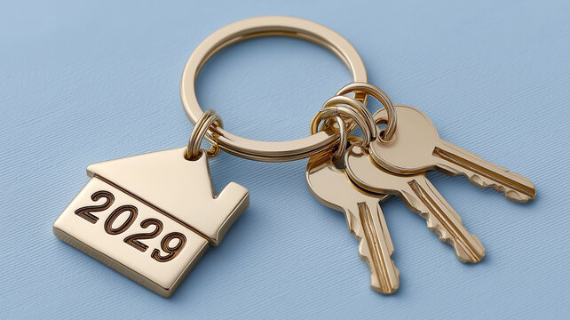 Elegant and modern gold keyring with a house charm and keys for new beginnings in 2029 Generative AI