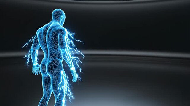 Digital wireframe human body with glowing blue electrical energy. Represents human power, health, and advanced technology.