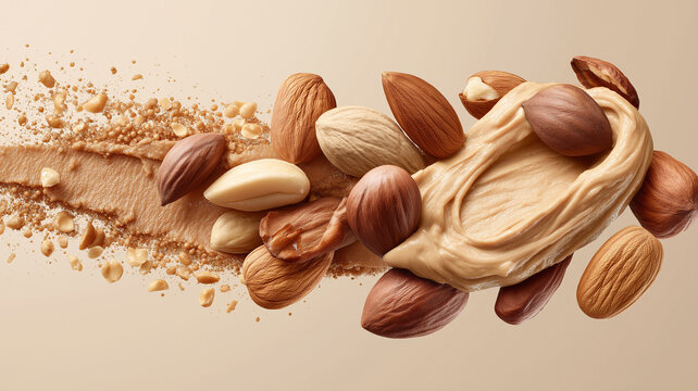 Nuts blend seamlessly as they transition into a creamy, delicious nut butter on a warm backdrop Generative AI