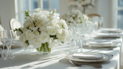 Fototapeta premium Elegant celebration of love adorned with white blooms and exquisite details in a bright venue Generative AI